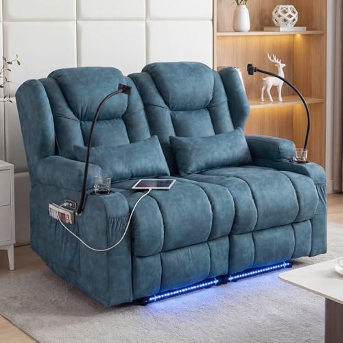 Image of Redlife Power Loveseat Recliner Sofa, Leathaire Farbic Dual Reclining Couch with Vibration ＆ Heating, Blue LED Base Lights, USB Ports, Cup & Phone Holders, Home Theater & RV Reclining (Navy Blue)