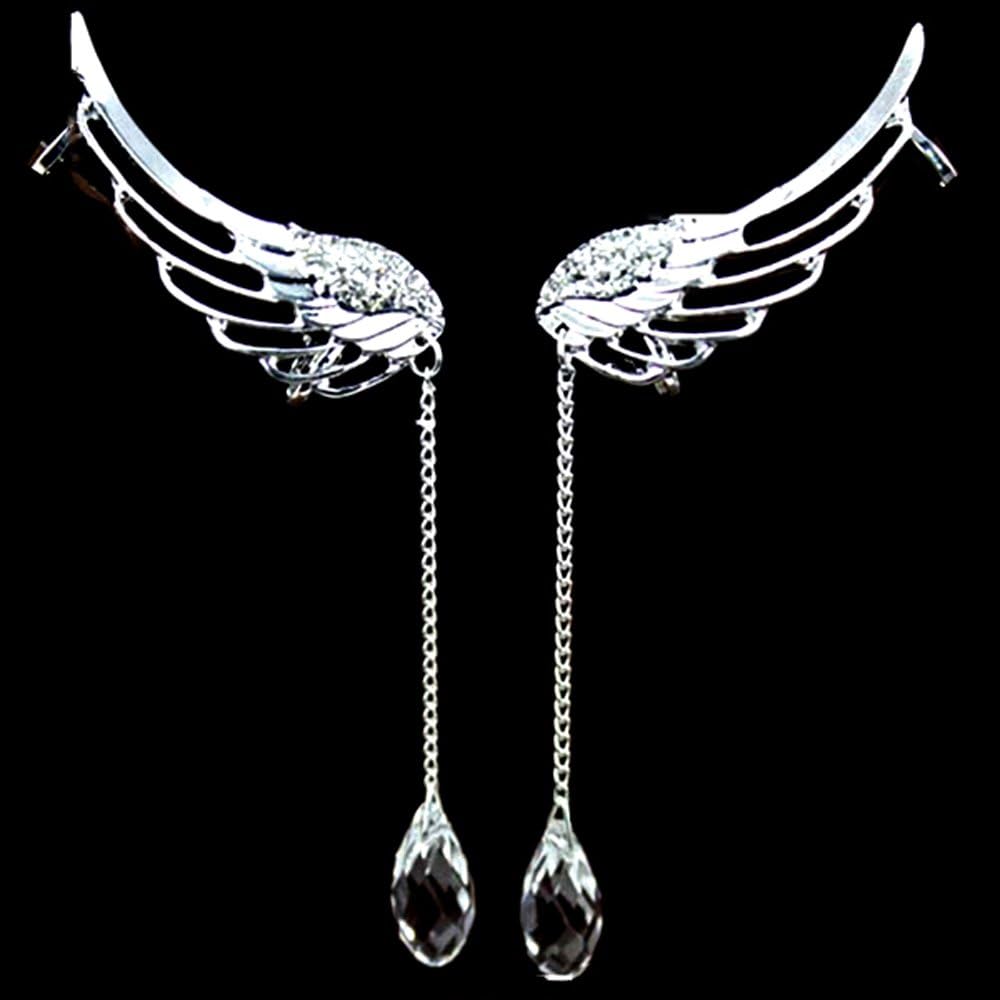 A Pair Full Rhinestone Angell Wing Tassel Ear Cuff Screw Clip Earrings Stud