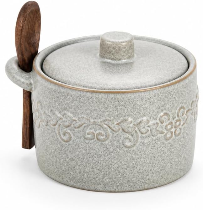 Ceramic Salt Cellar with Lid and Spoon Retro Gray