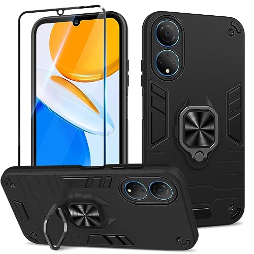 Btstring Hülle kompatibel mit Honor X7 mit Schutzfolie, Militär Standard Stoßfest Handyhülle Hülle Hybrid Metall Ring Halter Schutzhülle Handy Hüllen Cover- Schwarz