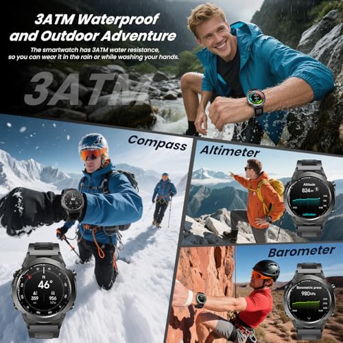 GPS Montre Connectée Homme Smartwatch: 1.43" AMOLED Montre Intelligente avec Boussole Baromètre Bluetooth Appel Moniteur Sommeil 3 ATM Étanchéité 100+ Modes Sport 720mAh Batterie pour iOS et Android