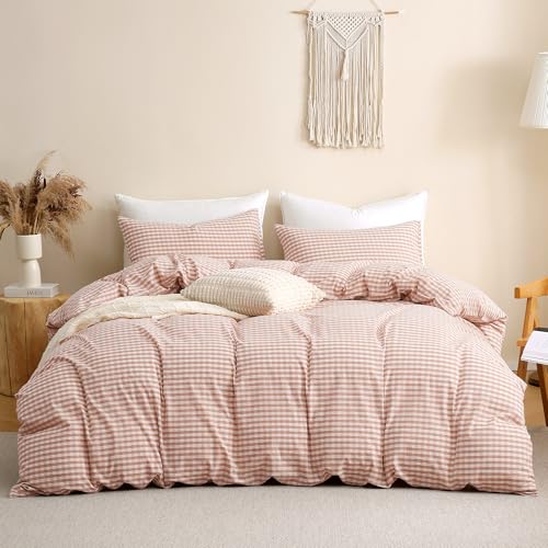Image of TOCOMOA Pink Tan Gingham Duvet Cover Bedding Set 100% Washed Cotton Like Linen Feel Super Soft Comfy 3 Piece Vintage Plaid Checkered Fall Comforter Cover Set (King 104 inchx90 inch, Comforter Not Included)