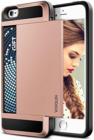 Vofolen Case for iPhone SE Case iPhone 5S Case Wallet Card Holder Slot Slidable Hidden Pocket Protective Shell TPU Hybrid Rubber Bumper Armor Anti-Scratch Hard Case Cover for iPhone SE 5 5S Rose Gold