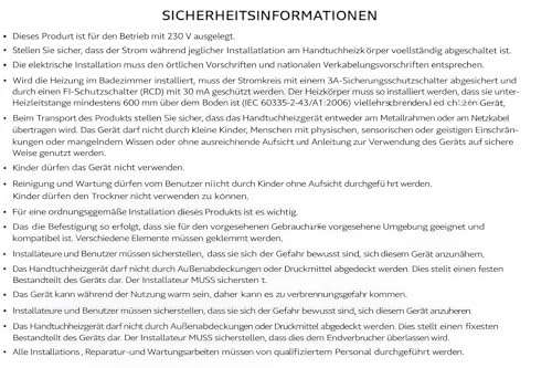 Manissa Elektrischer Handtuchhalter aus Edelstahl – Beheizt, 400 x 720 mm, Weiß, Modernes Design für Badezimmer