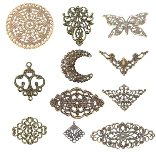 SUNNYCLUE 88Pcs 11 Styles Filigree Charms Antique Bronze Flower Connector