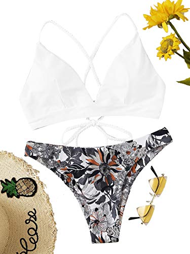 Sweatyrocks Women's Sexy Bathing Suit Floral Print Cross Back Bikini Set Swimsuits White Medium #TOP2