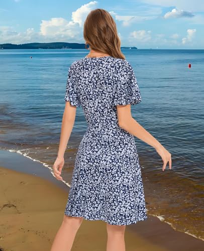 Image of Women Casual Summer Dress 2025 Beach Vacation Floral Sundress Short Sleeve Wrap V-Neck Modest Dresses