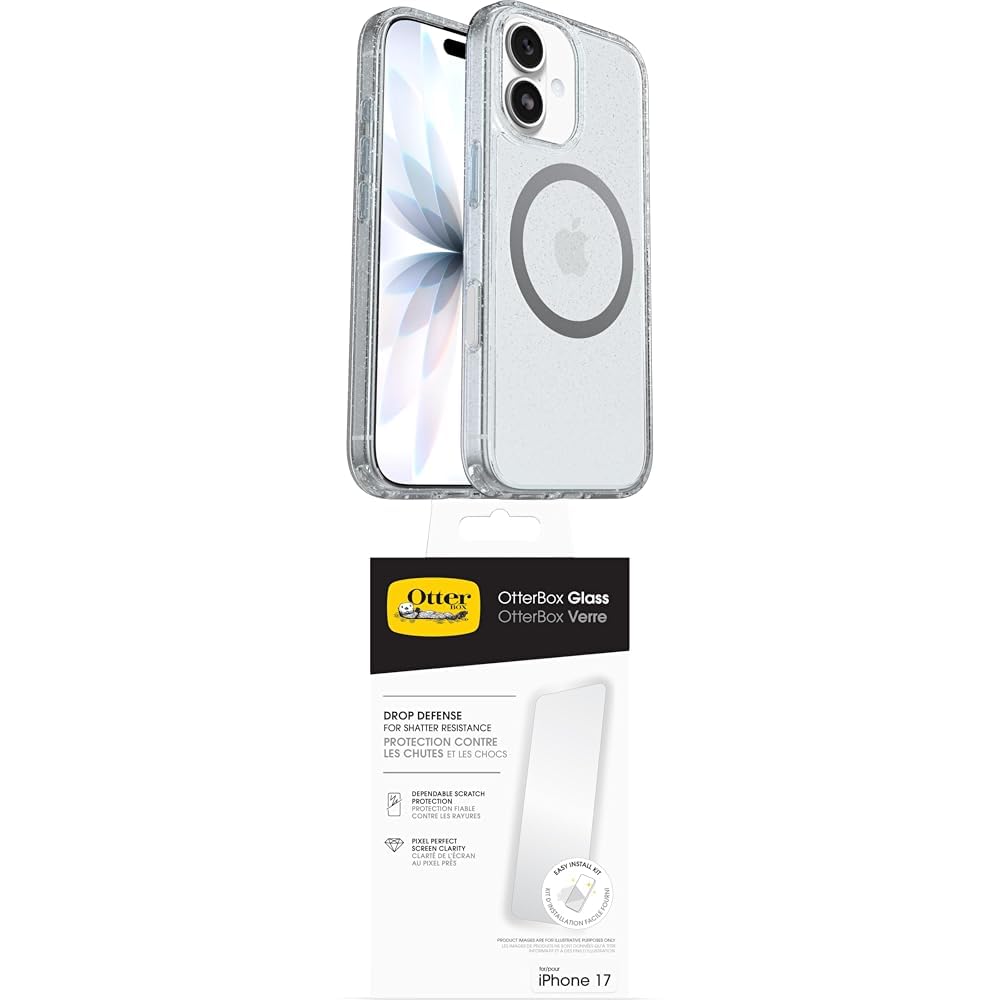OtterBox Symmetry Series Clear MagSafe funda para iPhone 17, Testada 3x con los estándares Militares anticaídas, Stardust + OtterBox Glass Protector de Pantalla de Cristal Templado