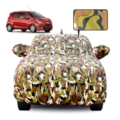 Image of Waterproof Car Body Cover for Chevrolet Spark with Mirror Pocket, Soft Cotton Lining, Triple Stitched, Full Bottom Elastic (Heat Resistant Jungle Print with Red Piping)