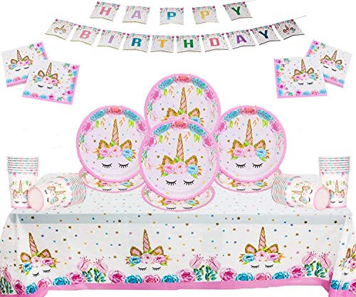 Offer Shop Unicorn Theme Party Supplies - 50 Piece Kids Birthday Party Decorations Set, Included - Plates, Cups, Napkins, Tablecloth and Paper Banner, Serve 16 Guests