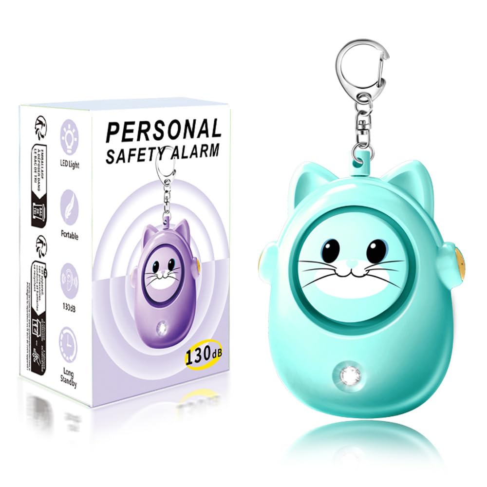 Portachiavi con allarme di sicurezza personale, sirena da 130 dB, luce a LED, grazioso design a forma di gatto, dispositivo di sicurezza per donne, bambini, anziani