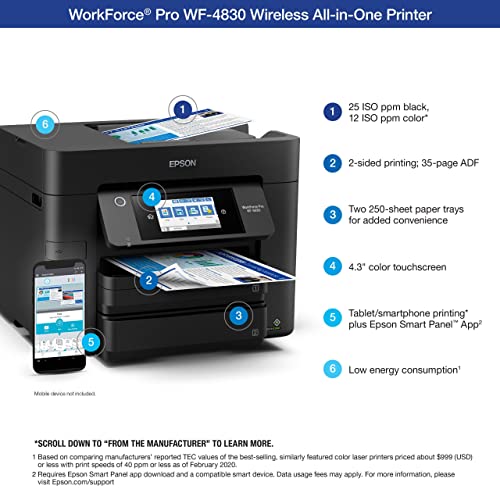 Epson Workforce Pro Wf-4830 Wireless Color All-In-One Inkjet Printer, Black - Print Scan Copy Fax - 4.3" Touchscreen, 25 Ppm, 4800 X 2400 Dpi, Auto Duplex Printing, 50-Sheet Adf, 500-Sheet, Ethernet #TOP1