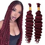WOWANGEL Human Braiding Hair For Boho Braids 100g,100% Unprocessed Brazilian Virgin Hair, 12A Deep Wave Knotless Bohemian Bundles, Curly Hair Extensions,2 Bundles,Red Burgundy(99J),18 Inch