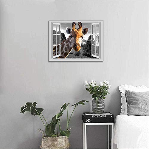 Giraffe Canvas Wall Art For Office Guest Room Wall Decor With Frame Animal Head From Open Window Bathroom Wall Decoration Prints Painting Grey Window View Landscape Wall Picture 12X16Inch #TOP4