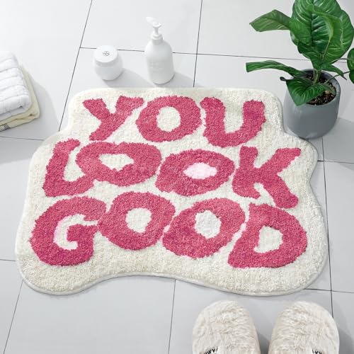 Image of TOIVO You Look Good Bath Mat - Stylish Funny Pink Bathroom Rug with Cute Words, Absorbent & Non-Slip - 25x21 inch (RED)