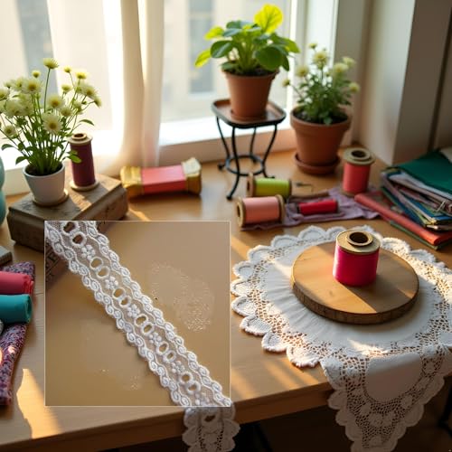 White 3 Yard Eyelet Cotton Strip Net Tape Lace Edge Trim Ribbon 32 mm Width Vintage Style White Edging Trimmings Fabric Embroidered Applique Sewing Craft Wedding DIY Trim and Embellishments - Thumbnail 4