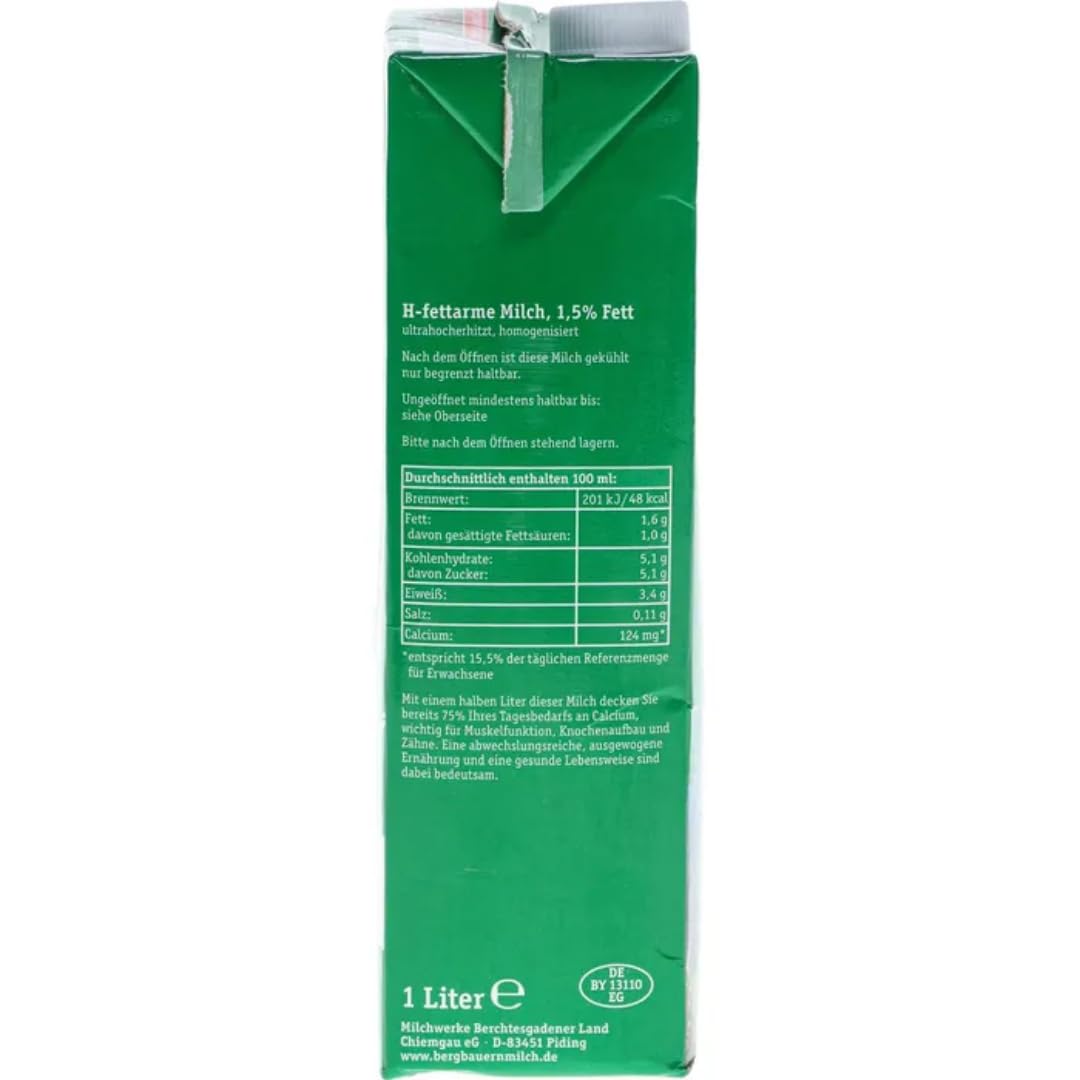 Milch Berchtesgadener Alpenmilch Land H-Milch 1,5% Fett Haltbare Milch Bergbauern-Milch, je 1 Liter, 24 Stück+ pufai