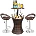 Super Deal 3in1 Outdoor Rattan Wicker Bar Table Included Cooler + 2 Hydraulic Pub Barstool All in One, Rattan Style Adjustable Height Patio Party Deck Pool Use, Brown (Combo Set)