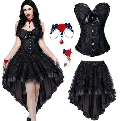 Corsage Korsett Rock,Asymmetrische Tüll Tutu Gothic Rock,Gotisch Halskette Armbänder,Corsage Vollbrust Top Schwarz,Übergrößen Spitze...