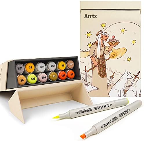 12 Colours Alcohol Markers Set, Arrtx OROS Dual Tip (Brush & Chisel) Sketch Art Markers for Adults, Kids, Artist, Durable Alcohol-based Ink Permanent Marker Pens for Painting, Illustration, Design.