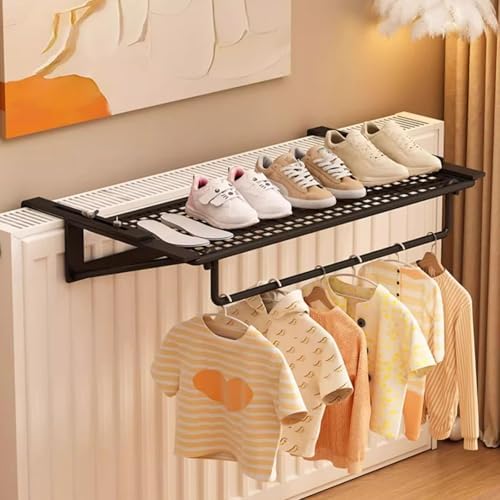 Adjustable Iron Radiator Towel Rail Holder, No Drilling, Telescopic Arms, Space-Saving Bathroom Organizer for Towels & Utensils (White, 60x21cm/24x8in)