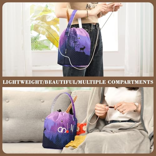Image of ElliTarr Crochet Bag Yarn Bag with Handle Portable Knitting Project Bag Travel Yarn Storage Organizer Holder Case Purple Stag Forest Trees