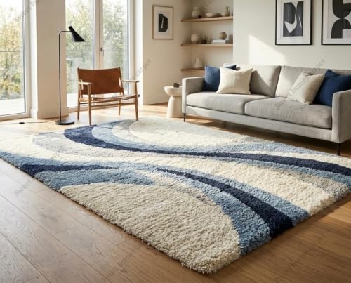 Image of SWEET HOMES Luxury Abstract Shag Rug, Thick Soft Square Area Carpet for Living Room, Bedroom, 11 x 11 Feet (335 x 335 cm), Slate Navy