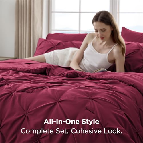 Image of Bedsure Queen Comforter Set Dark Red - Bed in a Bag Queen Size Bedding 7 Pieces, GentleSoft Pintuck Bed Set Gift for Family, All Season Down Alternative Comforter with Sheets, Pillowcases & Shams