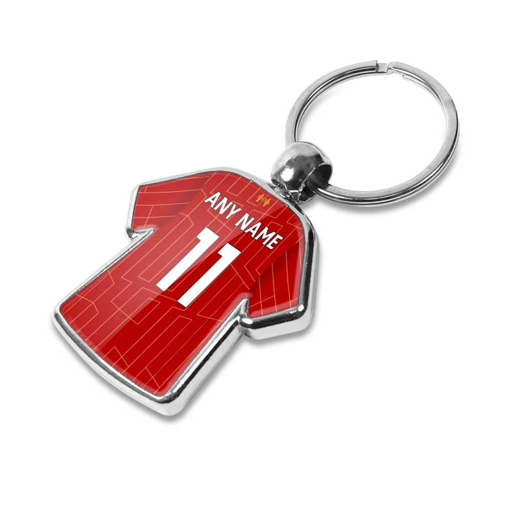 Graphics 'n' Tees Personalised football keyring suitable for Liverpool fans, featuring the 24/25 team shirt design, personalise with any name and number