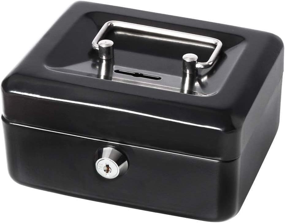Small Cash Box with Key Lock & Top Slot, Metal Money Coin Piggy Bank for Adults and Kids (12.5x9.5x6cm) Black