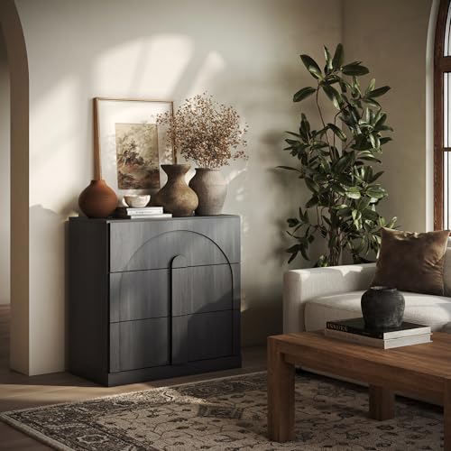Image of BELLEZE Sideboard Cabinet with 3 Drawers, Modern Wood Buffet Cabinet with Arc Design, Large Fluted Sideboard with Storage for Kitchen Living Room Entryway, Ebony