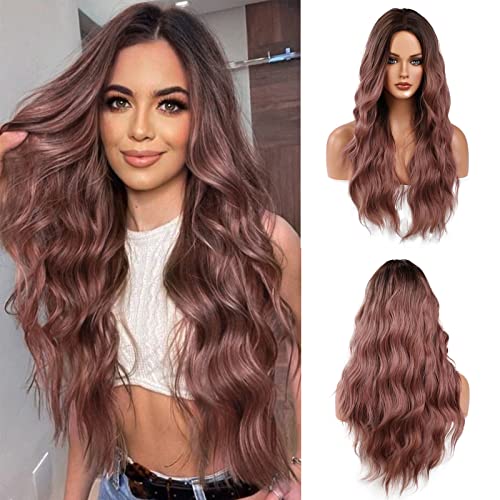 Esmee Perruque Ombre Brun à Rose Foncé pour Femmes de 24 Pouces, Longue onduléesNaturelle, Perruque Synthétique Résistante à la Chaleur pour la Fête Quotidienne Cosplay Cover