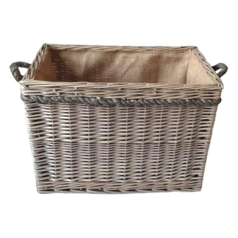 Delux , Rectangular , Hessian Lined Log Basket. Antique wash finish. Full cane willow. Rope handled Cover