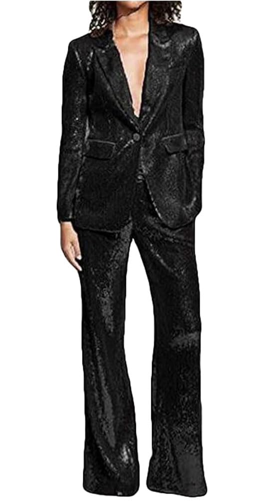 Womens Sequined Fashion Suit Set One Button 2 Piece Wedding Tuxedos Blazer Pants Prom Party Outfit