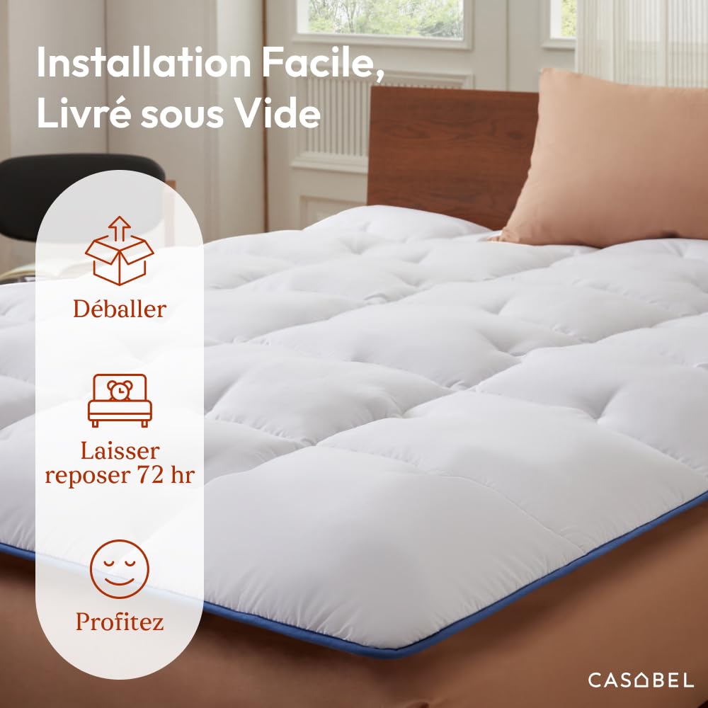 CASABEL Surmatelas 160 x 200 en Microfibre Respirante avec Liseré Bleu – Ultra Moelleux, Anti-Acariens – Idéal pour Matelas 2 Personnes 160x200