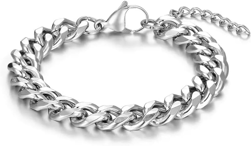 2 PCS Silver Bracelet for Men Chain, Metal Curb Width Cuban Link Chain Bracelet for Gift to Men Dad Husbands Boyfriends - Image 3