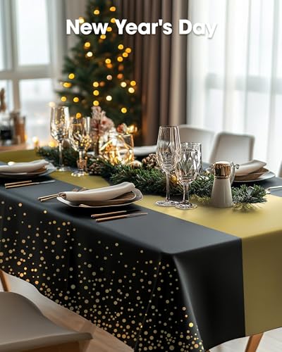 Image of Pureegg Plastic Table Cloth Disposable 8 Pack, 54 x 108 Inch, Table Runner Style, Graduation Decorations 2026, Party Tablecloths, Rectangle, Plastic Cover, Leakproof & Sturdy, Black Gold