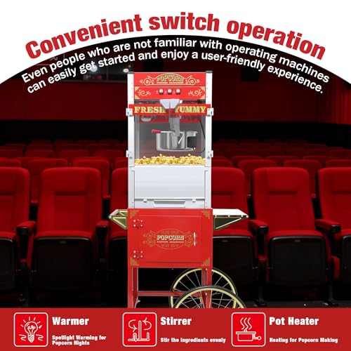 Image of 20 oz Commercial Popcorn Machine Cart - Classic Red Movie Theater Style Popcorn Maker with Storage Stand and Wheels for Home, Parties and Concession Stands