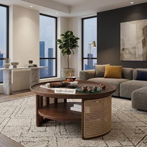 Image of Rattan Coffee Table - Cane Center Table with Shelf for Storage - Bohemian Solid Mango Wood Coffee Table for Office and Living Room C#042 (Walnut Finish)