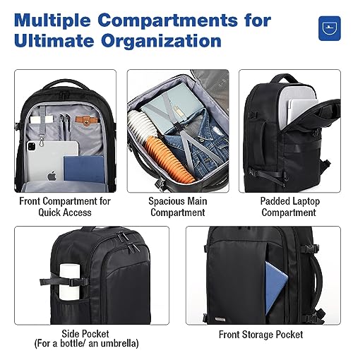 Lekespring Handgepäck Flugzeug für Herren Damen, 17 Zoll Laptop Rucksack Reiserucksack, 30L mit 6 Teilige Kleidertaschen für Urlaub Business Arbeit Reisen, Schwarz