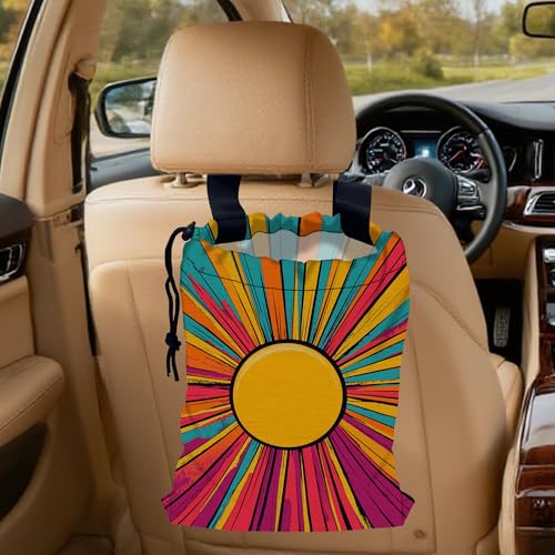 Image of Retro Sunlight Stripes Car Trash Bag, Hanging Drawstring Car Garbage Bag,Canvas Car Back Seat Organizer with Adjustable Buckle for Men and Women