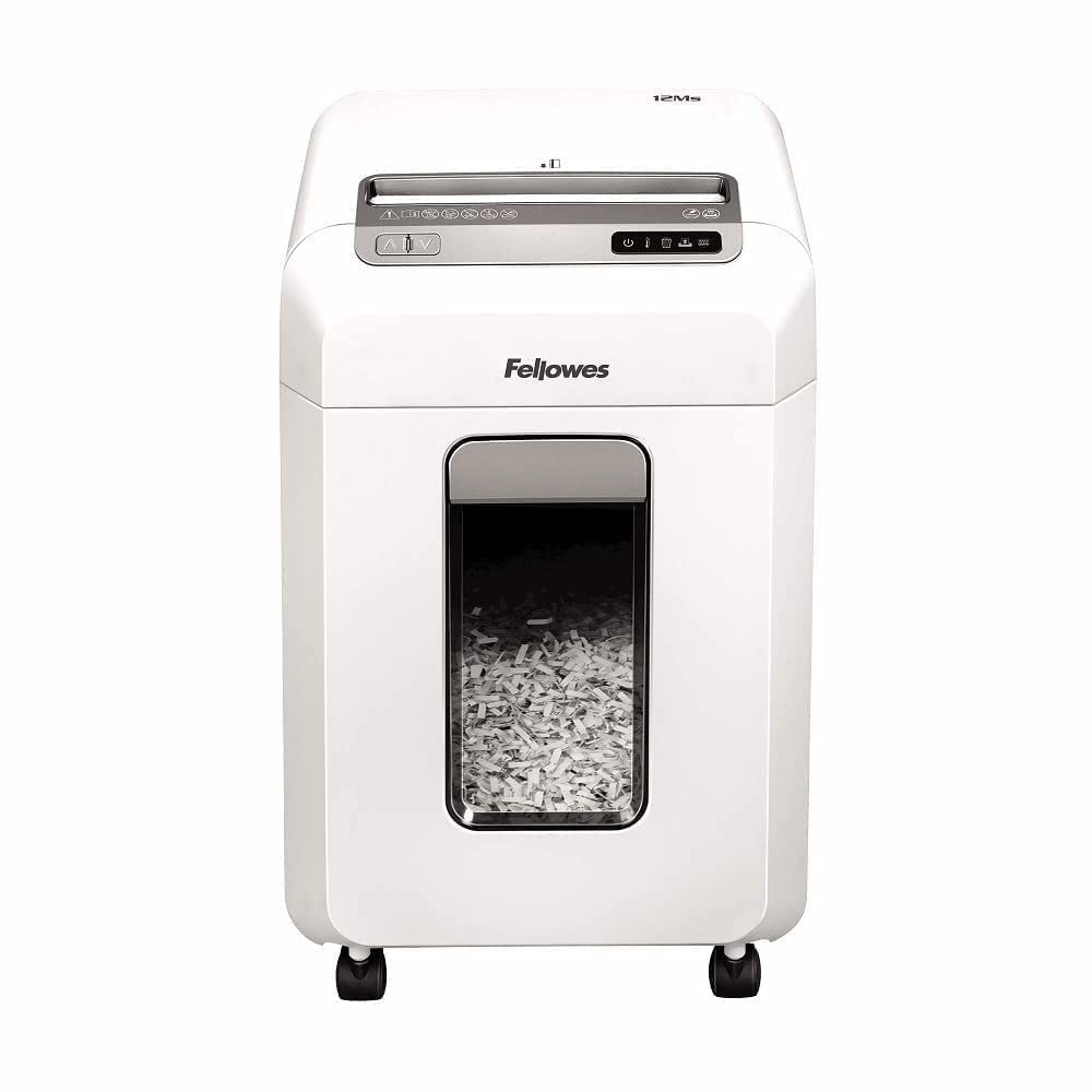 Fellowes 12 Sheet Paper Shredder for Office - Mini Cut Shredder with Auto Reverse & SafeSense Technology - Powershred 12Ms Office Shredder with 23L Pull-Out Bin - DIN Level P4 - Amazon Exclusive