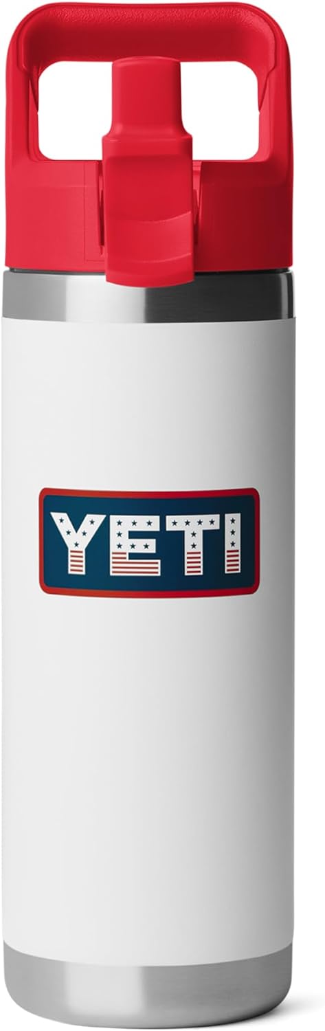 YETI Rambler 18 oz Bottle, Vacuum Insulated, Stainless Steel with Color Matching Straw Cap, White/Rescue Red/Badge