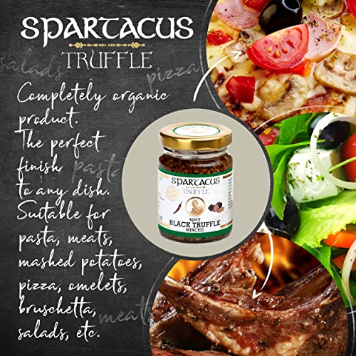Spartacus Schwarzer Gehackter Trüffelen olivenöl | italienische spezialitäten | Gönnen Sie sich kulinarische Exzellenz | Erlesene schwarze Trüffel für Feinschmecker (90g) (Würziger) mit Chili
