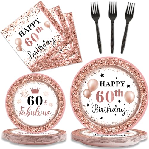 Qyeahkj 96Pcs 60th Birthday Decorations for Her Rose Gold 60th Birthday Paper Plates and Napkins Forks Set 60 and Fabulous Party Supplies Tableware 60 Year Dinnerware Favors for Women Serves 24