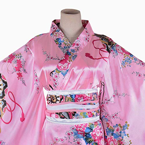 Women's Kimono Costume Adult Japanese Geisha Yukata Sweet Floral Patten Gown Blossom Satin Bathrobe Sleepwear with OBI Belt (30-Long Pink)