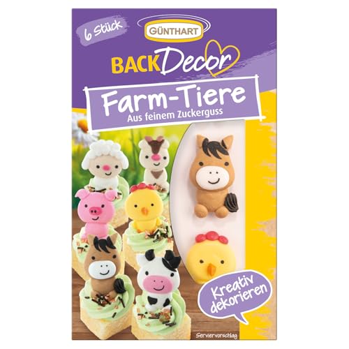 Günthart BackDecor 6 Stück essbare Farm Zuckerdekore als Schaf Kuh Schwein Ziege Pferd und Huhn aus feinem Zuckerguss 1er Set (18 gr)