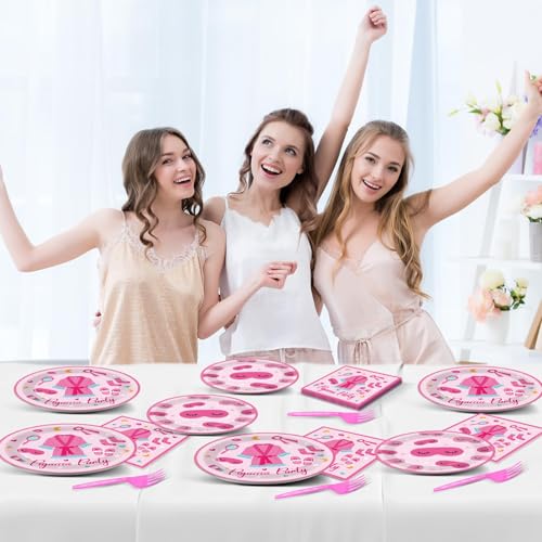 Image of 100 Pcs Pajama Party Paper Plates and Napkins Set Sleepover Party Decorations Supplies Girls Sleepover Tableware Favors for Spa Slumber Birthday Hot Pink Pajama Party Decorations Serves 25