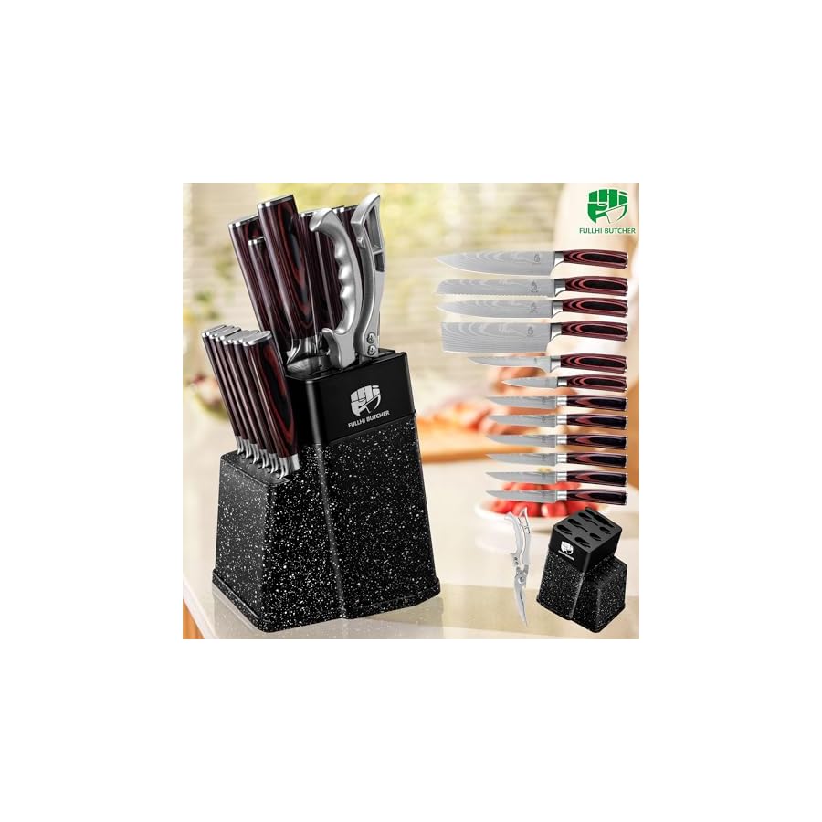 FULLHI 14pcs Block Knife Set, Chef's Knife Steak Knives Set with Block and Sharpener, Kitchen Knife Set, Multi-colour Handle, Gifts for Men Women (Coffee Wood)