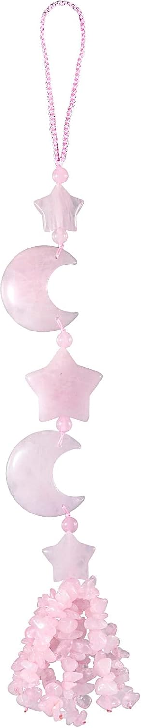 Nupuyai Rose Quartz Crystal Moon Star Tassel Hanging Ornament
